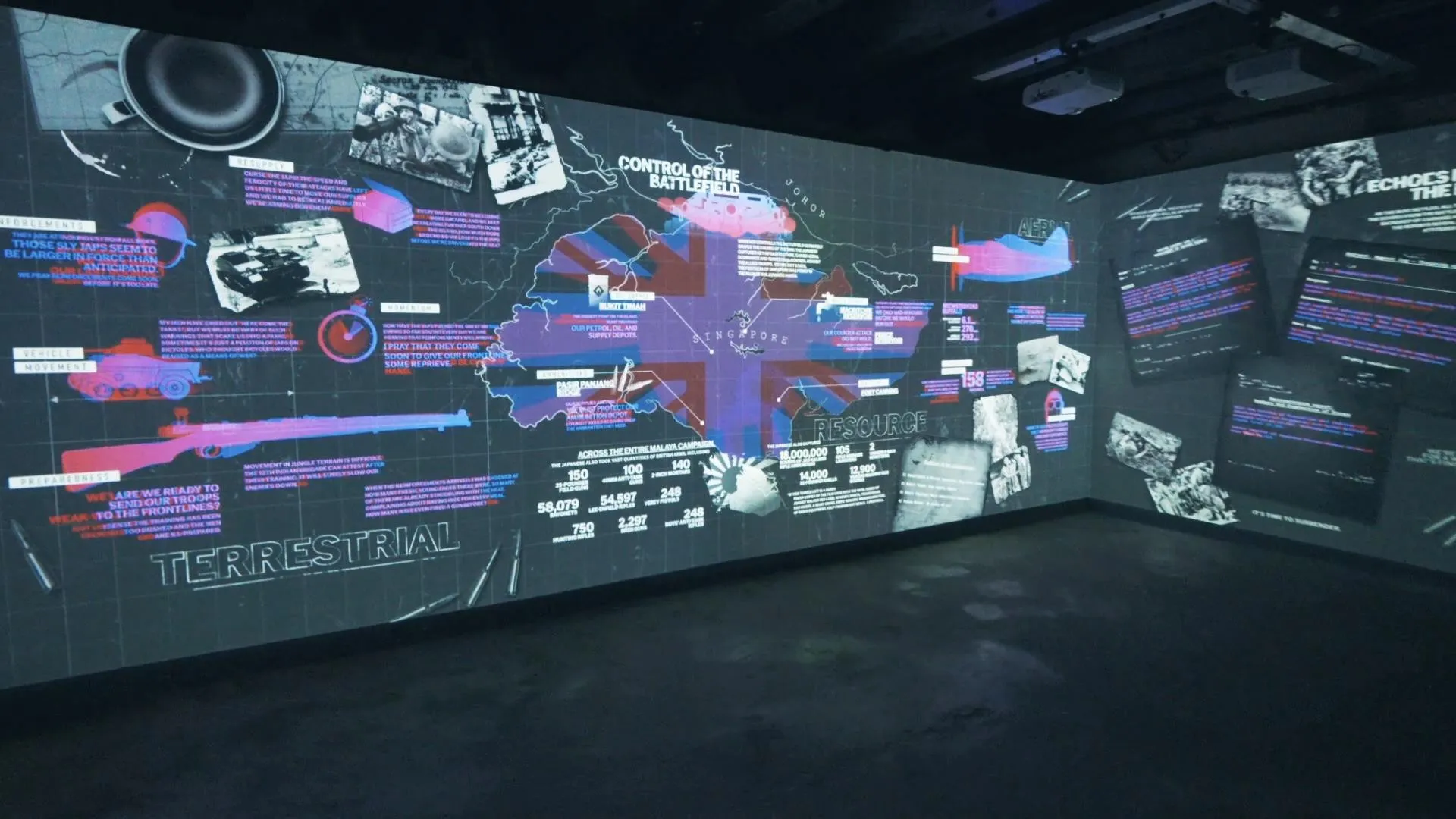 Projection-mapped map of the Malayan campaign at BattleBox, Fort Canning