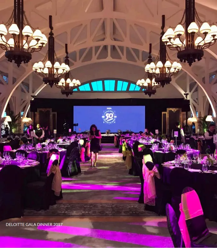 Gala dinner hall lit in purple under chandeliers