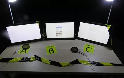 Three evidence screens labelled Exhibit A, B and C