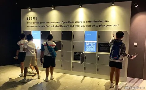 Children opening interactive locker doors about cyber threats