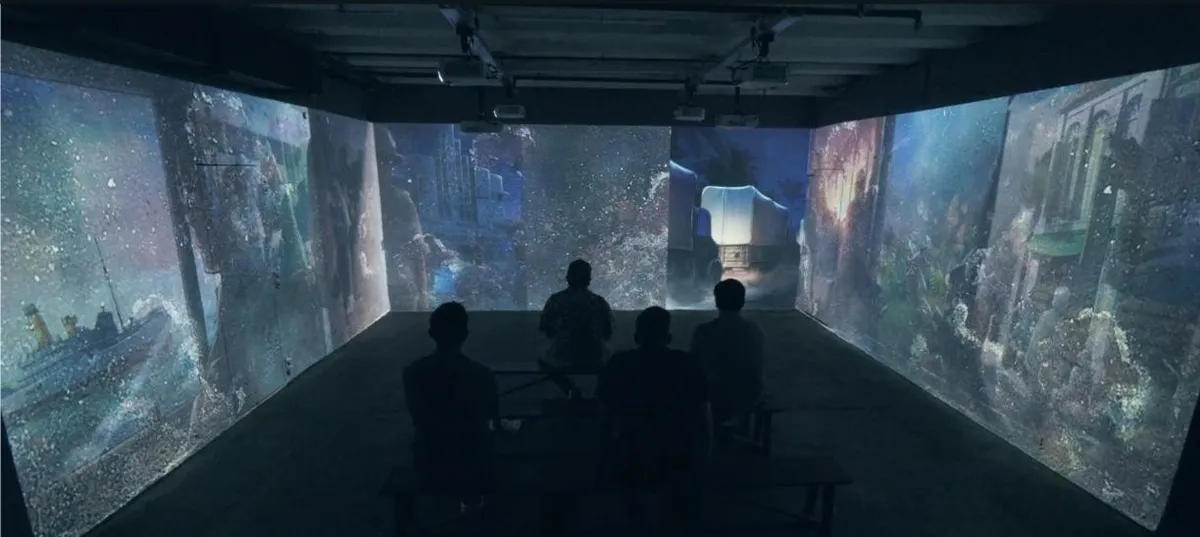 Visitors inside the 270-degree projection room at BattleBox, Fort Canning