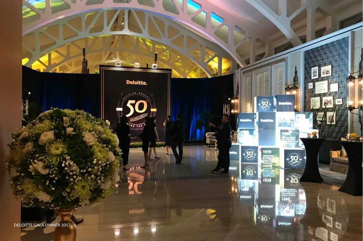 Deloitte Singapore 50th year gala reception with an illuminated 50 backdrop
